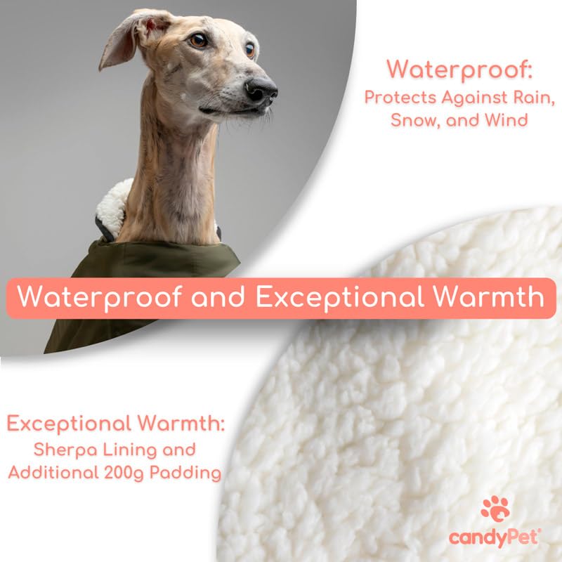 Wasserdichter Windhundmantel: Stil, Schutz vor Kälte und Regen, Lammfellfutter, Wärmedämmung, Loch für Geschirr, ideal für Windhunde, Greyhound und Podencos, Khaki, Größe L