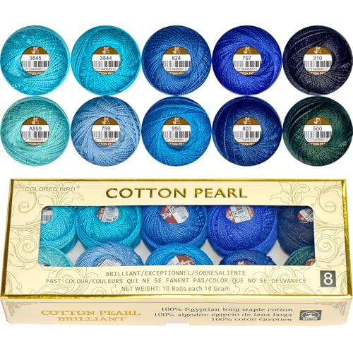 Double Mercerized Egyptian Long Staple Cotton Pearl Thread Ball 10 Grams Rainbow Color Embroidery Thread 10 Colors per Box for Crochet Hardanger Cross Stitch Hand Embroidery,Blue Series