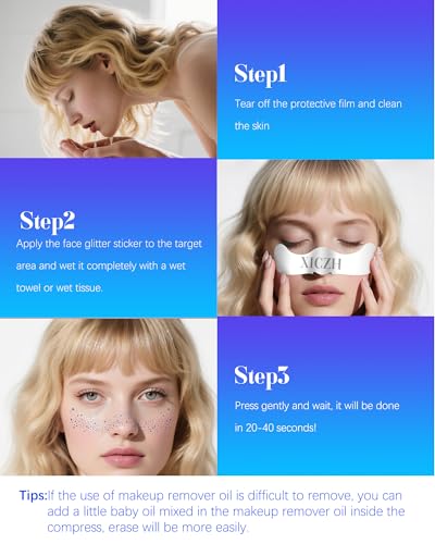 Image of XICZH Face Glitter, Temporary Face Tattoos, Face Body Glitter Makeup Patches for Women Girls, Country Concerts Singer Festival Rave Accessories (Blue)