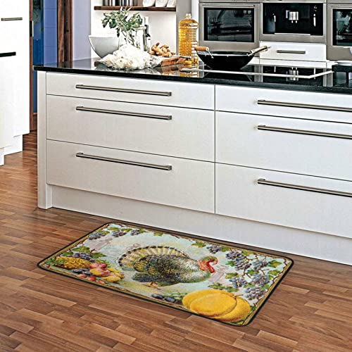 Vintage Thanksgiving Turkey Kitchen Rugs Autumn Harvest Bath Mat For Bathroom Absorbent Non Skid Washable Standing Floor Desk Mat Runner Carpet For Home Office Hallway Sink Stove Laundry 39X20 Inches #TOP2