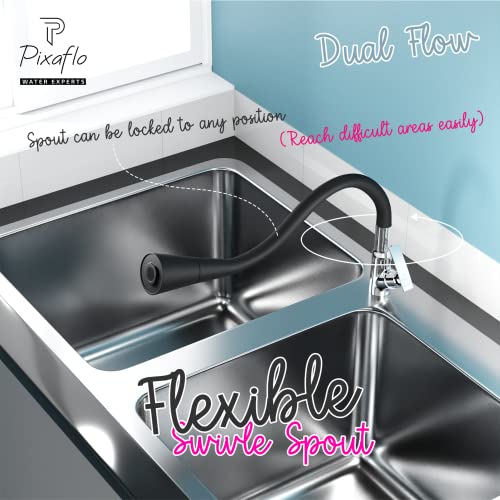 Image of Pixaflo Brass Swan Neck Tap with 360-degree Swivel Black Flexible Silicone Swivel Spout for Kitchen Sink and Wash Basin, Dual Flow (Moonstone)