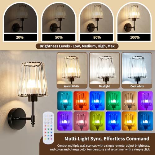 Image of Crystal Battery Operated Wall Sconce Set of 2, Rechargeable Wireless Wall Lights with 5200mAh Dimmable Bulbs and Remote,15 Colors Wireless Wall Lamps for Bedroom Living Room Hallway Decor-Clear black