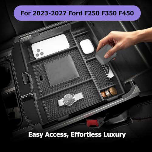 Image of LUWU Center Console Organizer Fits Ford F-250 F-350 F-450 Super Duty 2023-2027 Accessories | for 2023-2025 2026 2027 Ford F250 F350 F450 Armrest Console Storage Box Insert Tray Coin Container