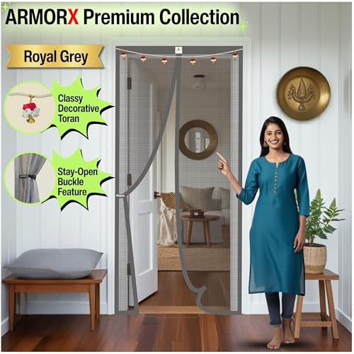 Image of ARMORX Premium Collection Magnetic Mosquito Net for Doors | Self Closing Magnets & Stay-Open Buckle Feature | Incl. Toran for Classy Look & Decor | Royal Grey -185cm x 120cm