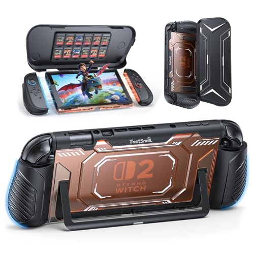 Image of FASTSNAIL Switch 2 Protective Case, Switch 2 Cover with Dockable TPU Middle Frame, Non-Slip Ergonomic Grip for Joycon 2, Anti-Scratch PC Front Cover with 12 Game Card Slots for Switch2 - Orange