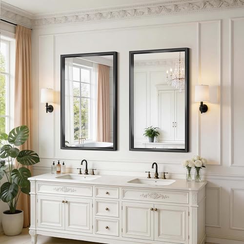 Image of Black Framed Mirror, 24 x 42 Inch Brushed Black Bathroom Mirrors for Over Sink, 0.6 inch Thickened Deep Frame Rectangle Mirrors for Wall, Tempered Glass, Antirust, Horizontally /Vertically