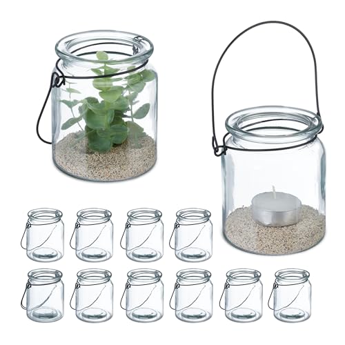 Relaxdays Windlicht Glas, 12er Set, Teelichthalter mit Henkel, HxD: 9,5 x 8 cm, runde Kerzengläser, transparent/schwarz