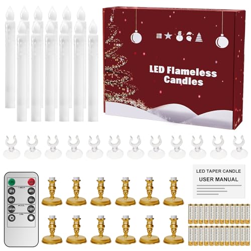 Image of 12 Pack Flameless LED Window Candles with Drip Texture,Removable Candle Holders,24 AAA Batteries,Daily Timer,ON /Off Remote,12 Window Suction Cups,Christmas Home Wedding Decor(Gold)