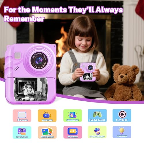 Image of Instant Print Camera for Kids, 1080P Video Camera with 3 Print Rolls | 32GB Card & Cute Cover, Gift for Girls Boys Age 3-12, Toddler Digital Camera with Games, Filters, Music - Purple