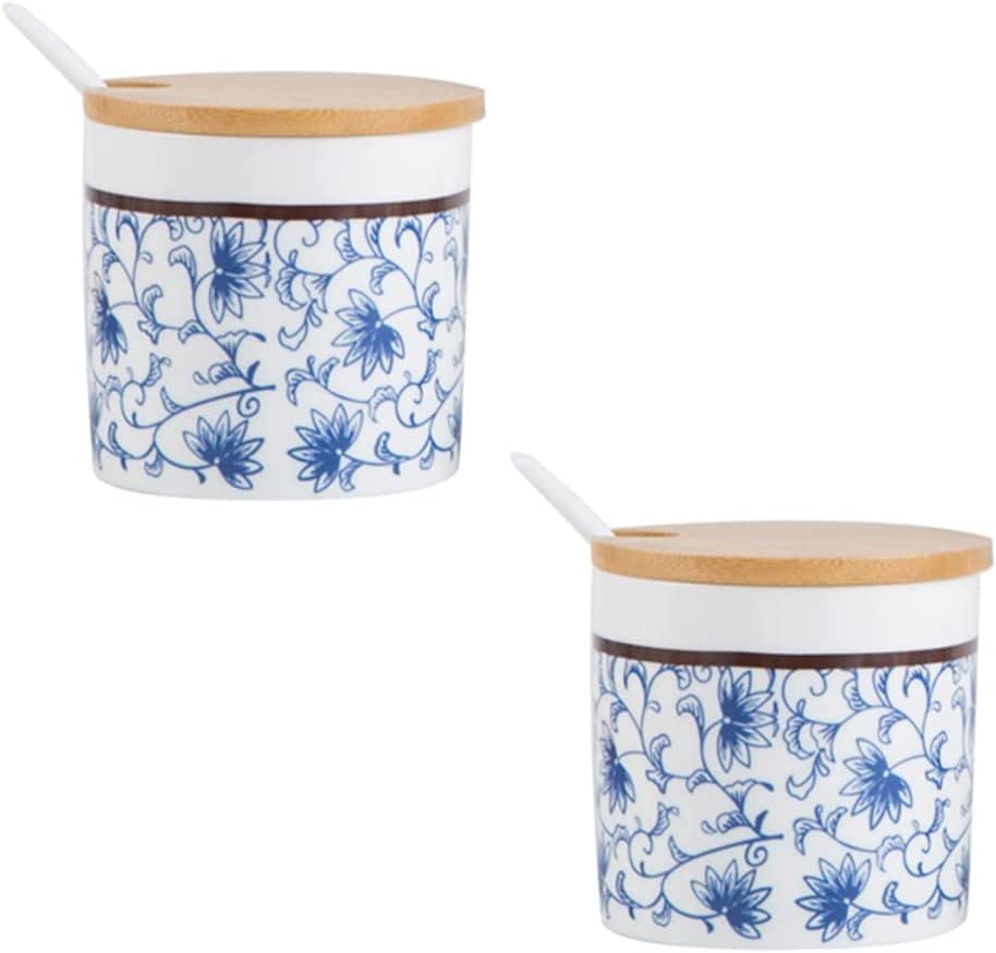 Zuccheriera in Ceramica da 2 Pezzi Barattoli retrò Blu e Bianchi con Coperchio e Cucchiaio in Legno