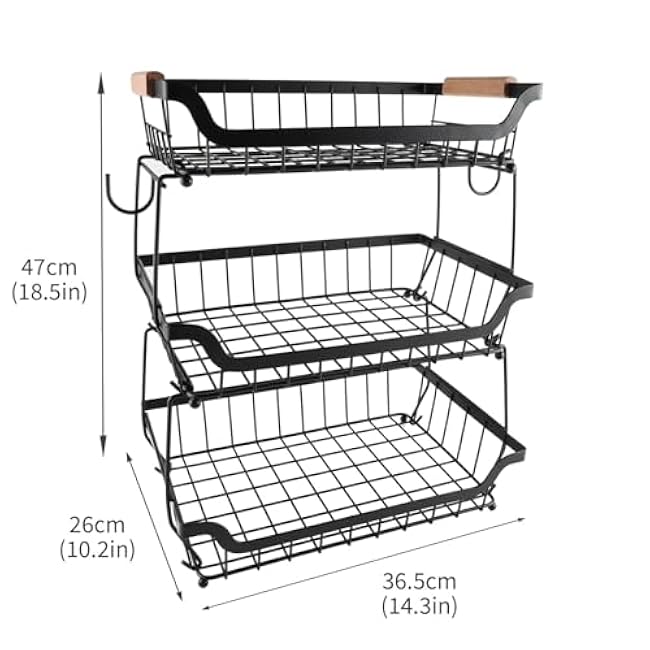 3-Tier Rolling Pantry Floor Organizer and Storage Cart with Wheels,Stackable Metal Wire Snack Display Basket for kitchen pantry organizers and storage shelves with Banana Hanger &Wooden Handle-G78vnFNU