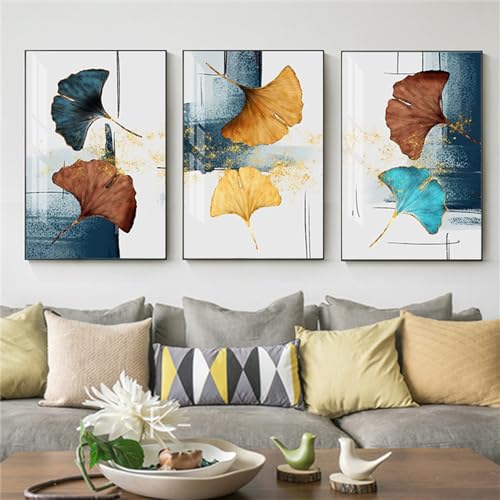 Toile Aquarelle Bleue et Ginkgo Jaune : Modernisez Vos Murs Vides sans Effort (30x50cmx3)