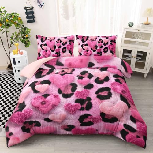Image of AILONEN Girls Full Comforter Set,3-Piece Pink Heart Leopard Print Bedding Set for Room,Ccartoon Hearts Pink Black Comforter with 2 Pillowcases