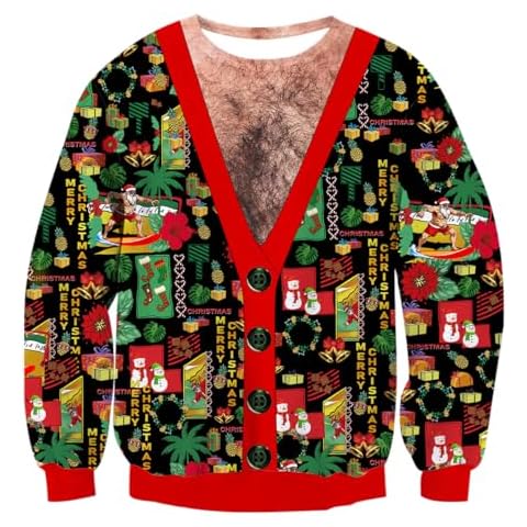 AIDEAONE Men Ugly Christmas Sweatshirt Funny Chest Hairy Print Sweatshirt Crewneck Fake 2 Piece Pullover Top for Party Holiday Cover