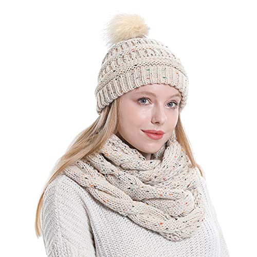 Double Couple Winter Scarf and Hat Set for Women Thick Cable Knitted Circle Loop Infinity Scarfs and Warm Beanie Hat4