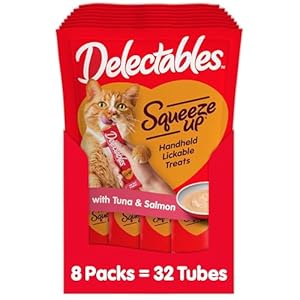 Hartz Delectables Squeeze Up Interactive Lickable Wet Cat Treats for Adult & Senior Cats, Tuna & Salmon, 4 Count(Pack of 8)