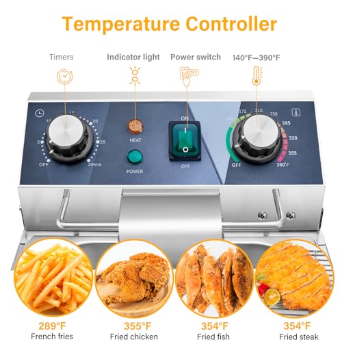 WaterElfo Electric Deep Fryer - 13L 13.7QT Commercial Deep Fryer 1800W 120V18.7Pounds withTroperature Control and Timer Large Basket Fryer for Commercial and Domestic Kitchens
