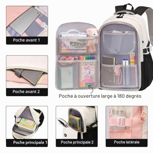 FRONET Cartable Fille Primaire Collège Élémentaire Sac à Dos Garçons Fille Scolaire, Sacs pour d'école Voyage Loisir Travail Affaire Enfant Ado 7 8 9 10 11 12 13 14 15 16 17 20 Ans School Book Bags – vue 3
