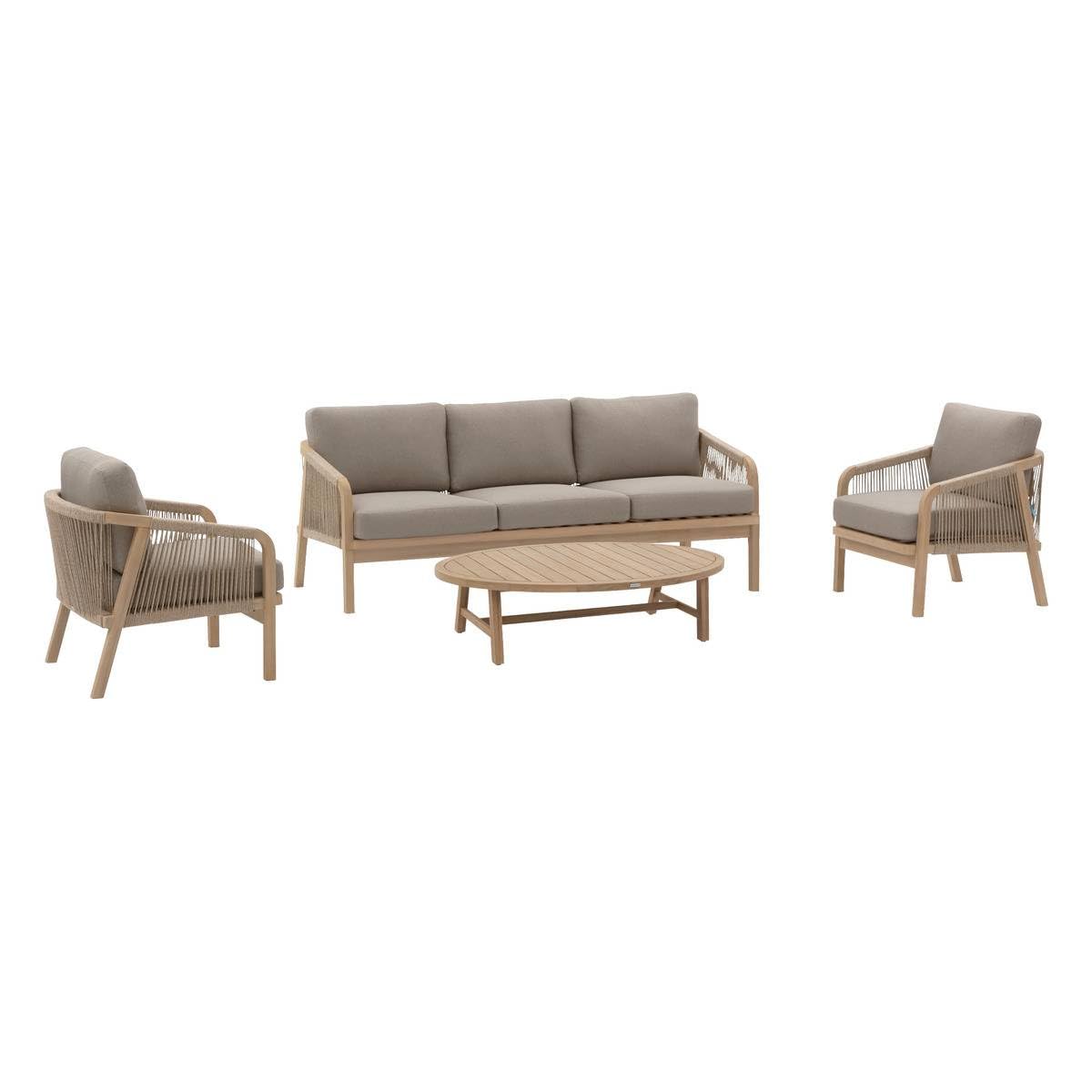 Hespéride - Salon de Jardin Papouasie Acacia - 5 Places - Coussins Déhoussables - Tissu Déperlant - Mobilier Extérieur pour Terrasse Balcon Patio