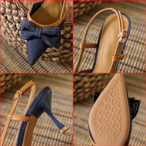 Zeberfi Women's Bow Tie Denim Slingback Pumps Sexy Closed Pointed Toe Slip On Kitten Heels Sandals Summer Wedding Bride Party Dress Stiletto High Heels2