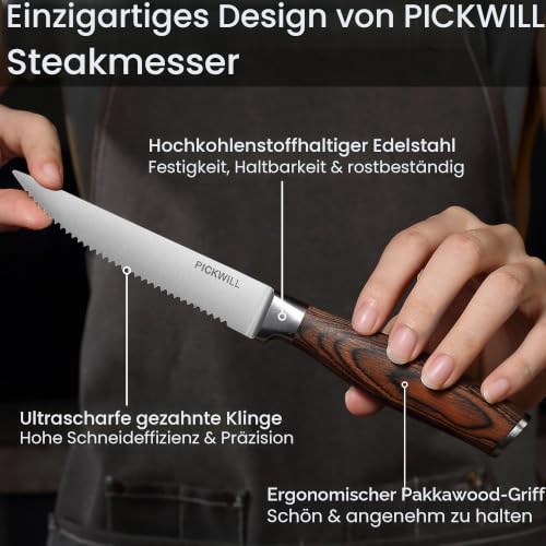 Foto von PICKWILL Steakmesser Set 4-teilig mit Wellenschliff Küchen Steakbesteck Messer Set, ergonomischer Holzgriff, aus hochwertiger deutscher Edelstahl Steak Messer, mit Premium-Geschenkbox
