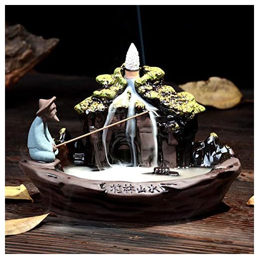 Quemador de incienso de reflujo de paisaje con cono de incienso de reflujo de 20 piezas, quemador de soporte de cono de incienso de reflujo de cerámica para el hogar