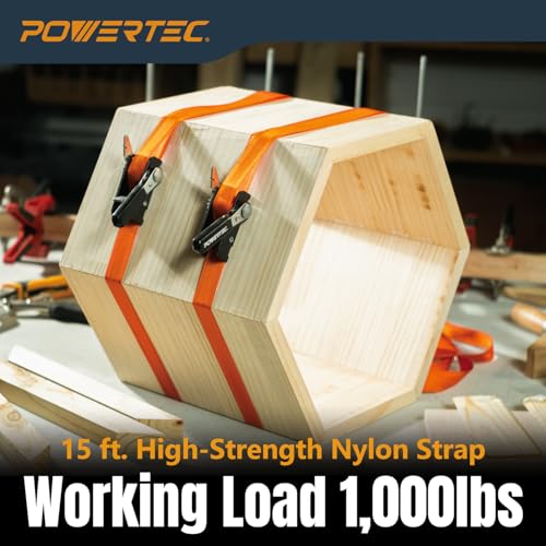 Image of POWERTEC Adjustable Band Clamp for Woodworking - 15 ft. Adjustable Strap Clamp with Ratcheting Handle, Non-Marring Corners, 1000 lbs Capacity, 1 PK (72071)