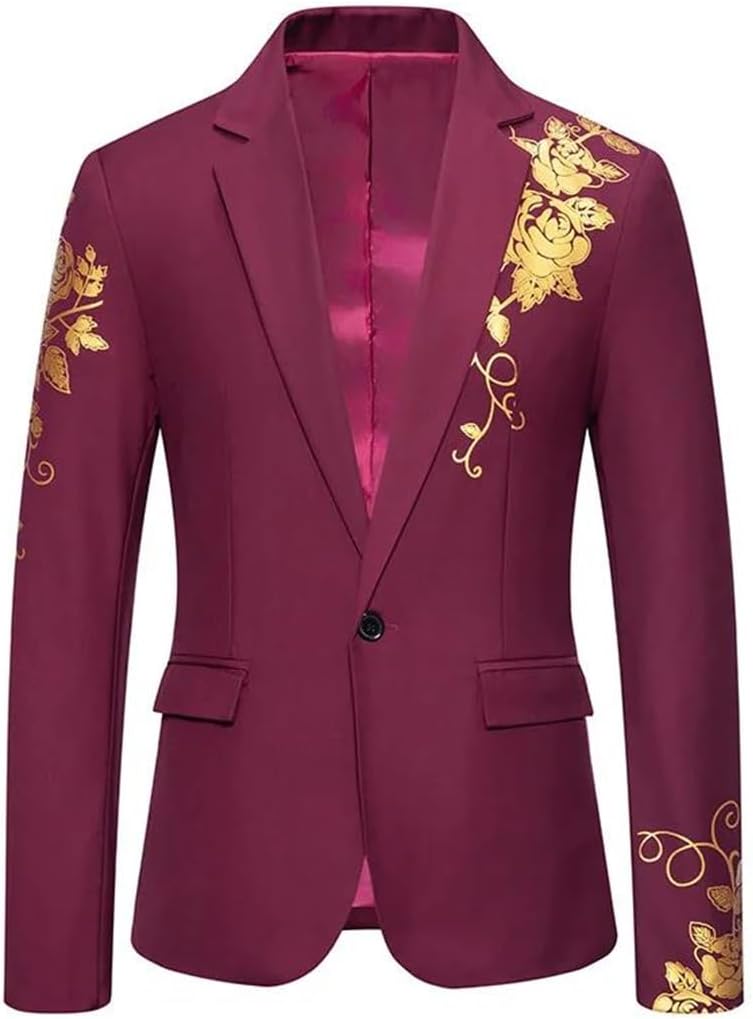 Men's Gold Paisley Print Wine Red Dress Blazer Elegant Gentleman Wedding Tuxedo Suit Coat