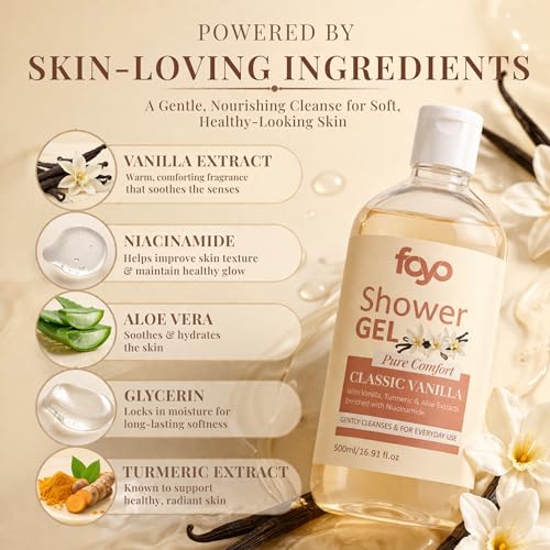 Image of FOYO Vanilla Body Wash 500ml | Hydrating Shower Gel with Niacinamide, Aloe & Glycerin | Gentle Cleanser for Soft, Smooth Skin | Warm & Creamy Fragrance | For Men & Women