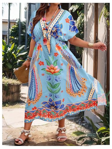Image of Floerns Women's Plus Size Tribal Print Dolman Sleeve Slit Summer Maxi A Line Dress