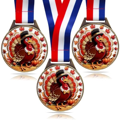 Thanksgiving Medals 3Pcs Turkey Medals with Neck Ribbons 3 Inch Turkey Trot Awards for Thanksgiving Race Prizes Awards for Tournament Party Family
