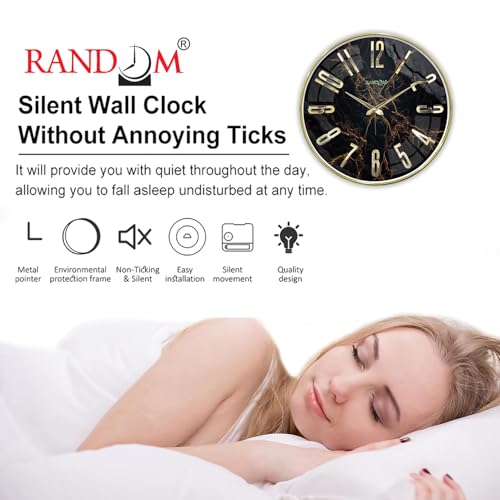 Image of RANDOM Silent Wall Clock, Non-Ticking Quartz Movement, Foiling Ring and 3D Numbers (Gold Accent)