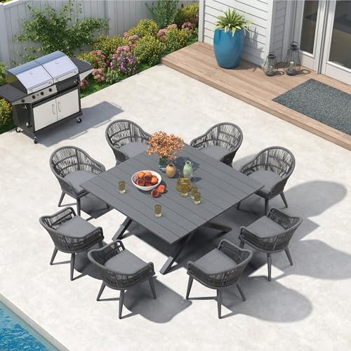 PURPLE LEAF 9 Pieces Patio Dining Set with Outdoor Aluminium Square Dining Table and Woven Rattan Chairs Modern Metal Furniture Cushions Sets for Garden Yard Indoor Decor Kitchen Grey