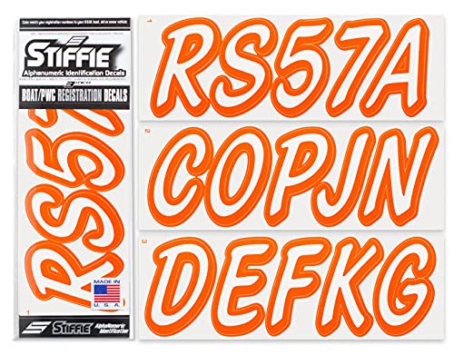 Image of STIFFIE Whipline Solid White /Orange 3 inch Alpha-Numeric Registration Identification Numbers Stickers Decals for Boats & Personal Watercraft