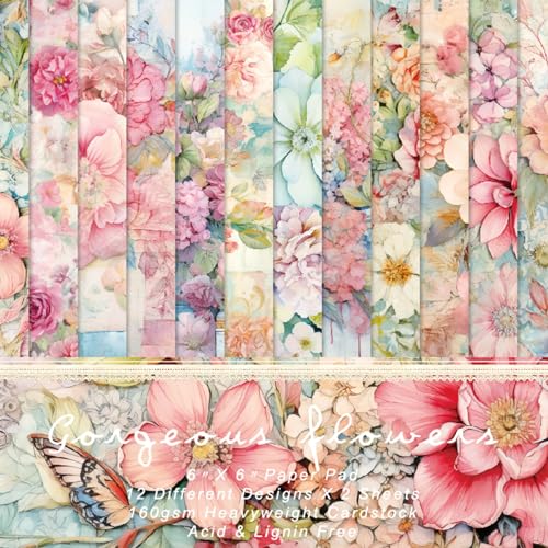 24 Sheets Flowers Scrapbooking Cardstock Paper, 6" x 6" Paper Pads for Scrapbooking, Vintage Floral DIY Decorative Card Paper for Scrapbooking Photo Album Arts Craft Design