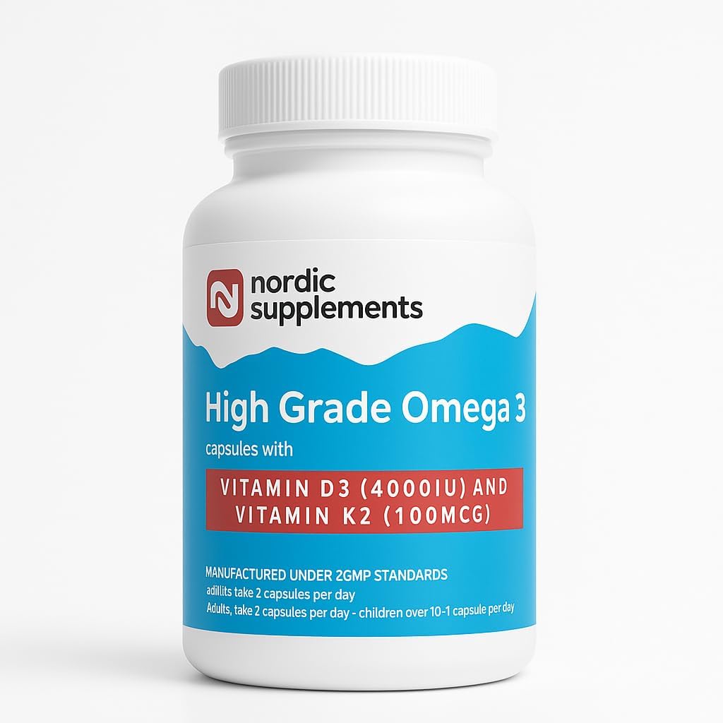 Nordic Supplements® Omega 3 Fish Oil 1000mg with Vitamin D3 4000IU & K2 MK-7 100µg – High Strength Triple Formula for Heart, Brain, Vision, Immune & Bone Health – 60 Capsules – Burp-Free & Ultra-Pure