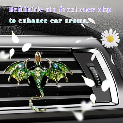 Image of 2PCS Bling Wyvern Car Air Freshener Vent Clips, Alloy Enamel Dragon Auto Outlet Clips with Fragrance Tablets, Refillable Cute Flying Dragon Crystal Vent Clip Aroma Diffuser (Green)