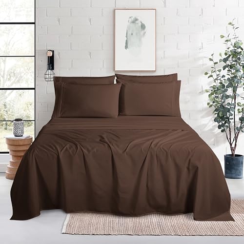 Image of Mocassi Luxury 6-Piece Sheet Set, Ultra Soft 1800 Premium Hotel Quality Microfiber Sheet Set, Fits Mattresses Up to 18 to 24 Inches Extra Deep Pocket - Breathable and Secure Fit, Cal King, Brown