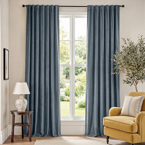 Image of Blackout Dark Slate Velvet Curtains Rod Pocket 52x96 Inch 2 Panels | Soft Velvet, For Bedroom & Living Space, Light Shifting Texture, Elegant Drape, Serene, Fresh
