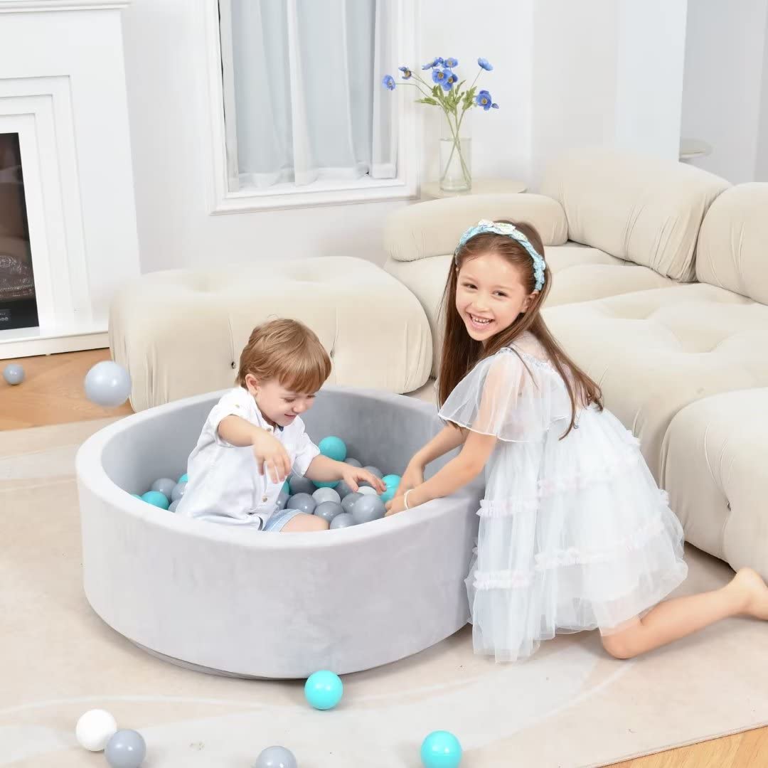 nowilt Foam Ball Pit- Gray Ball Pit for Kids 36x11 with 200 Colored Balls. Ball Pit for Toddlers, Babies, Young Children. Hours of Healthy Activity & Development(Gray/White/Turquoise)