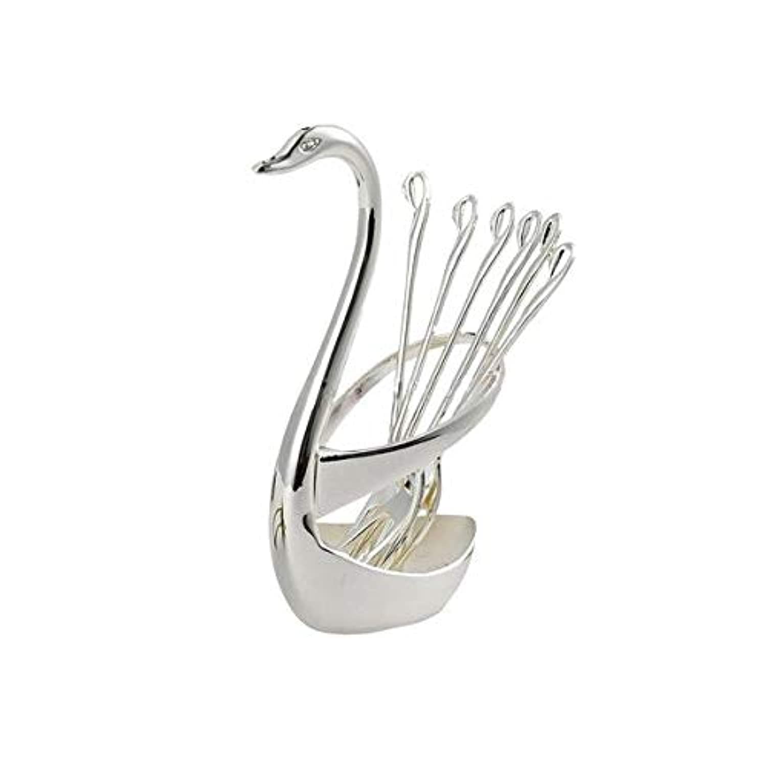 Creative Stainless Steel Fruit Food Fork Spoon Knife Cutlery Swan Holder (3 fork and 3 spoon)