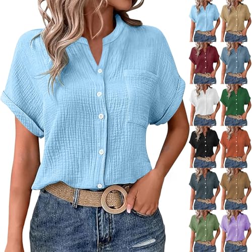 Chemisier Femme Manche Courte Tee-Shirt Oversize Tshirt Col V Chemise en Coton Lin T-Shirts Blouse Femme Chic Et éLéGant Chemisiers et Blouses Boutonné Ample Hauts T-Shirt Unie Haut Tunique D'Été Top
