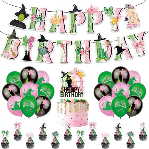DABAOOU Green and Pink Party Decoration Balloons Cupcake Topper Banner and Cake Topper Set for Witch Princess Themed Movie Party Disco Cosplay Birthday Table Decor Supplies