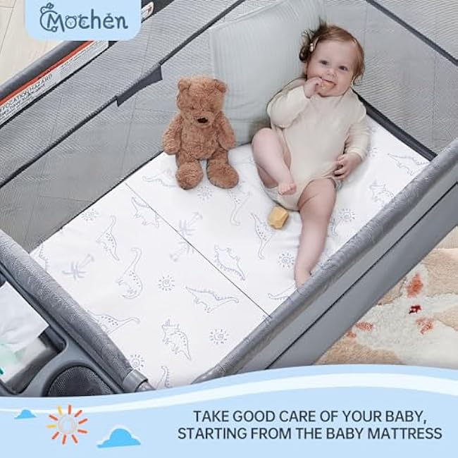 Mochen Trifold Pack and Play Mattress 38x26 Memory Foam Pack n Play Mattresses with Removable Dinosaurs Cover & Carry Bag, Portable Travel Mattress for Pack N Play Playpen Playard