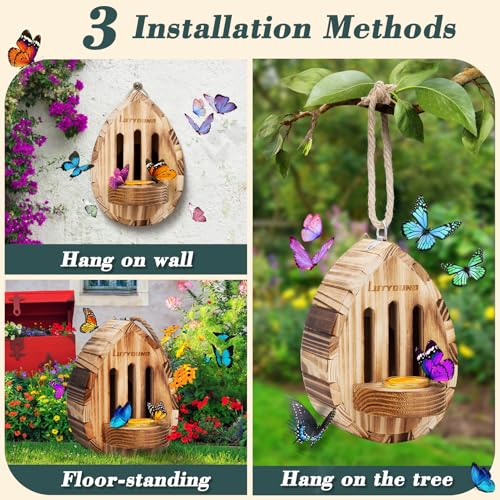 Lutyoung Butterfly House and Feeder for Outdoors,Butterfly Habitat with Butterfly Puddler,Wooden Butterfly House for Garden，Hanging Decorations for Outdoors - Thumbnail 5
