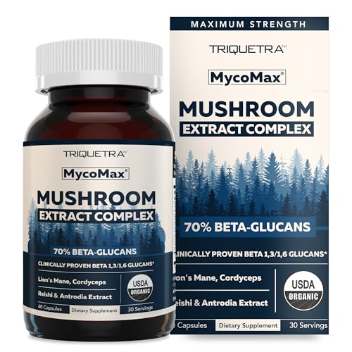 MycoMax Mushroom Complex - 70% Beta Glucans, Max Potency Mushroom Supplement, US Grown + Ultrasonic Extraction - Lions Mane, Cordyceps, Reishi & More - Cognition, Immunity, Energy - 60 capsules