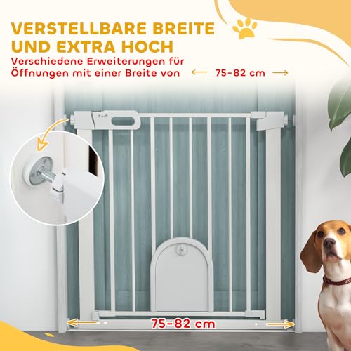 PawHut Türschutzgitter Treppenschutzgitter Hunde Absperrgitter Schutzgitter für Haustier Hundegitter Klemmbefestigung Stahl Weiß 75-82 x 76 cm