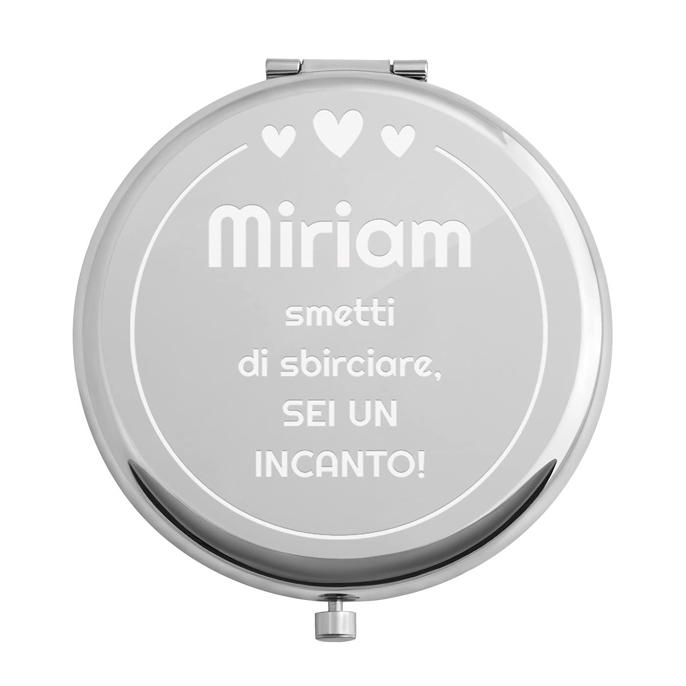 Maverton Specchio Rotondo da Borsetta - Personalizzazione a Incisione Laser - 2 in 1 - Specchio Ingranditore + Specchio - Specchio Trucco - regalo donna compleanno - Cuori