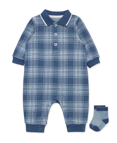 Little Me Clothes for Baby Boys' Plaid Coverall and Socks Set, Moonlight Blue, 6 Months