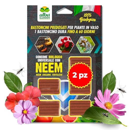 Albagarden - Concime in Bastoncini BIO Arricchite al NEEM - Nutrimento e Protezione per Orchidee, Piante Verdi e Fiorite - Corroborante per Piante (50 Pz)